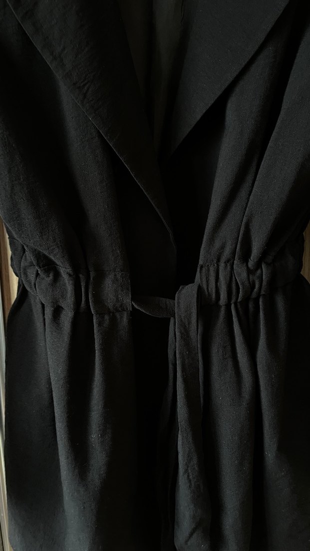 Kemerli Siyah Midi Keten Ceket - Görsel 5