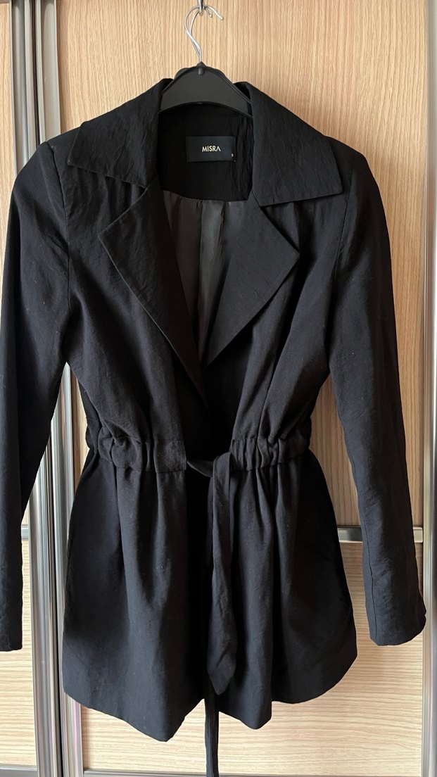 Kemerli Siyah Midi Keten Ceket - Görsel 2