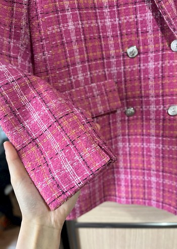 Pembe Ekose Düğmeli Kadın Blazer Ceket - Görsel 4