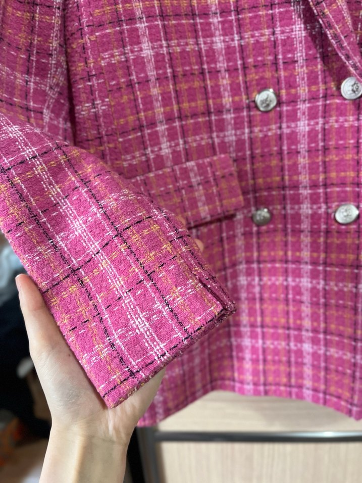 Pembe Ekose Düğmeli Kadın Blazer Ceket - Görsel 4