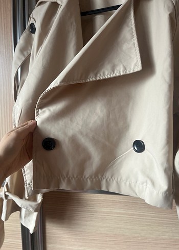 Bej Mini Kadın Trençkot Düğmeli - Görsel 5