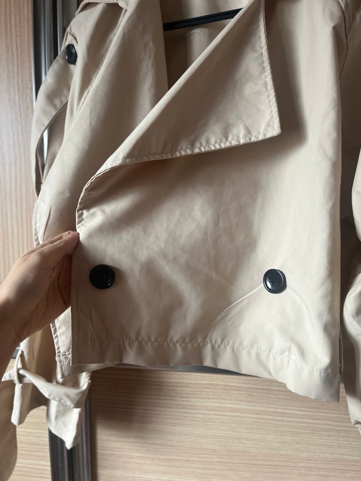 Bej Mini Kadın Trençkot Düğmeli - Görsel 5