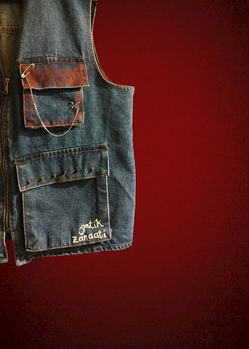 l Beden bordo Renk Blessed by Fire özel tasarım Denim Yelek