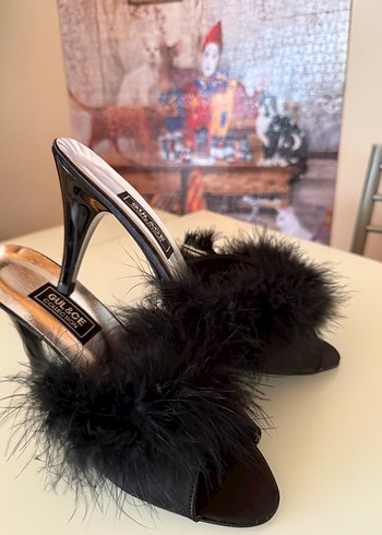 Siyah Tüylü Saten Yüksek Topuklu Kadın Terlik - Görsel 5