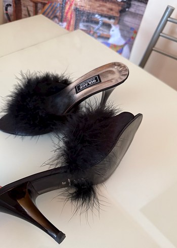 Siyah Tüylü Saten Yüksek Topuklu Kadın Terlik - Görsel 3