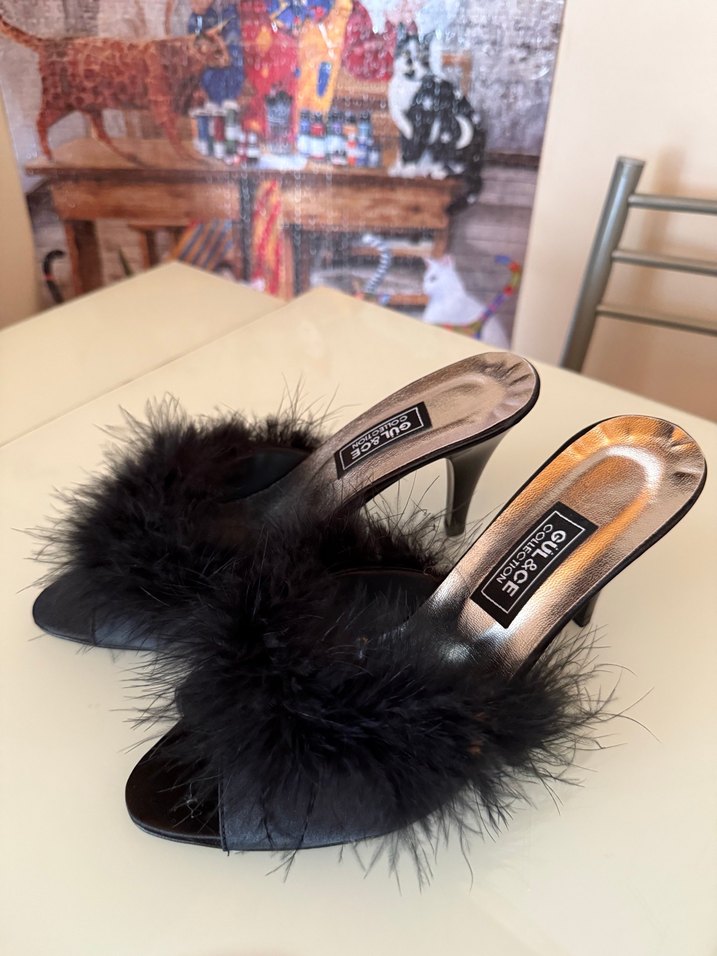 Siyah Tüylü Saten Yüksek Topuklu Kadın Terlik - Görsel 4