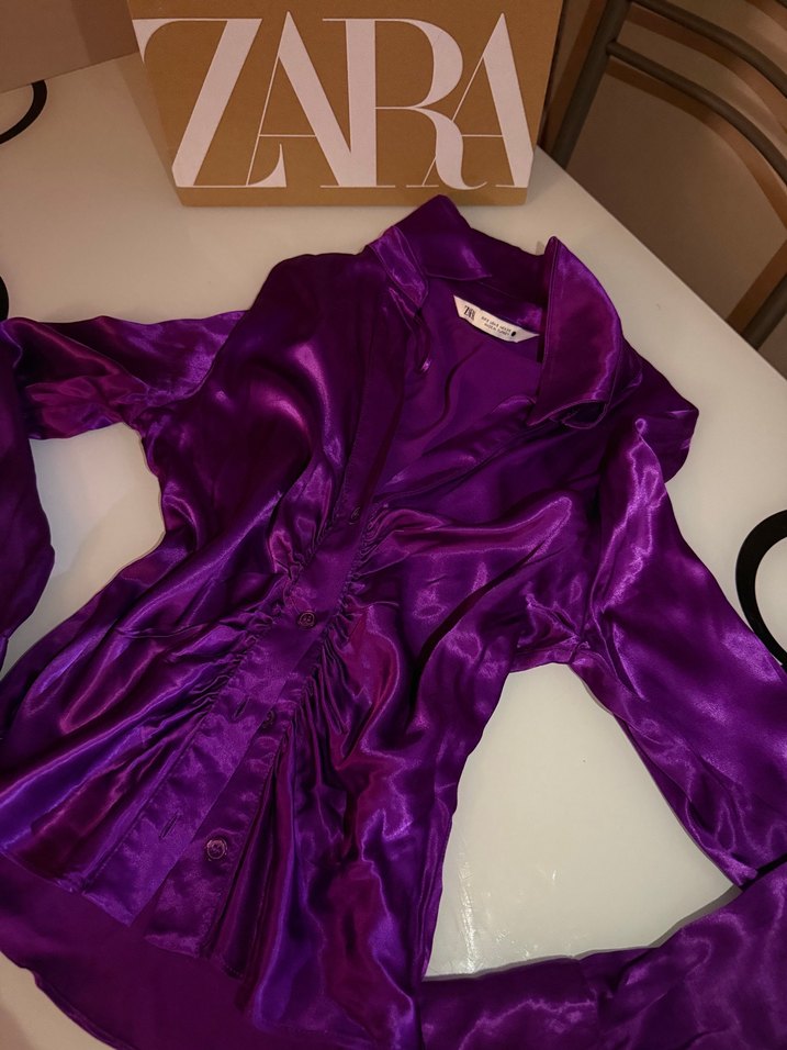 Zara Saten Mor V Yaka Gömlek - Görsel 5