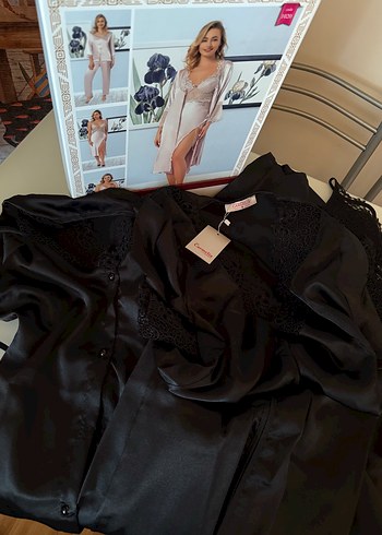 6 Parça Siyah Saten Kadın Gecelik Takımı - Görsel 7