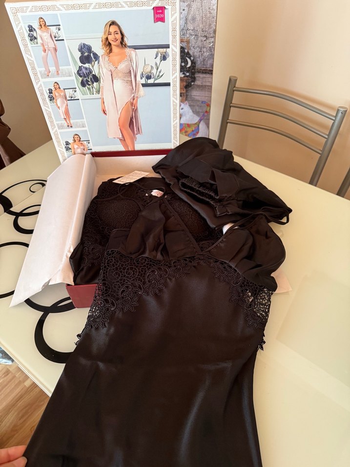 6 Parça Siyah Saten Kadın Gecelik Takımı - Görsel 3