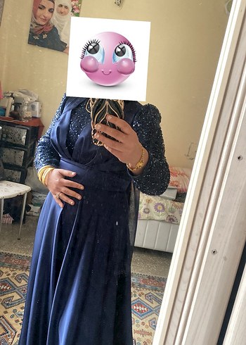 Uzun Kollu Lacivert Drapeli Abiye Elbise - Görsel 2