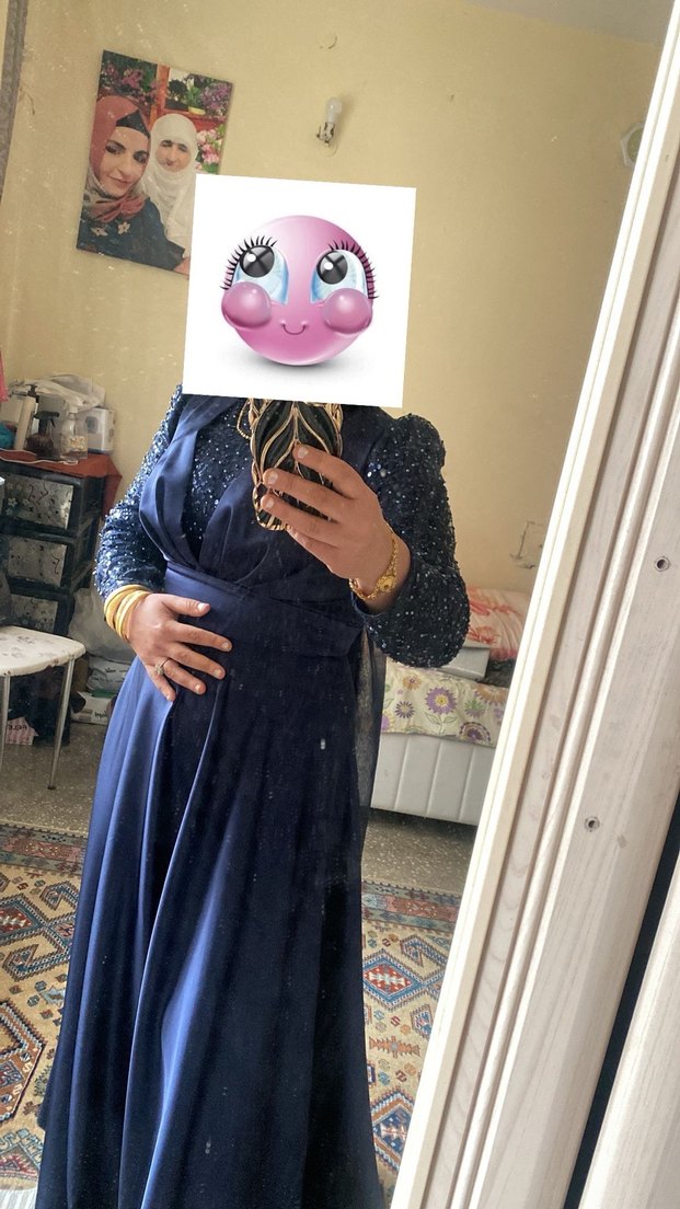 Uzun Kollu Lacivert Drapeli Abiye Elbise - Görsel 2