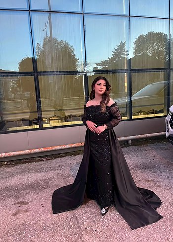 Siyah Uzun Drapeli Straplez Abiye Elbise - Görsel 3