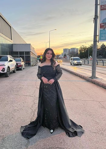 Siyah Uzun Drapeli Straplez Abiye Elbise - Görsel 4