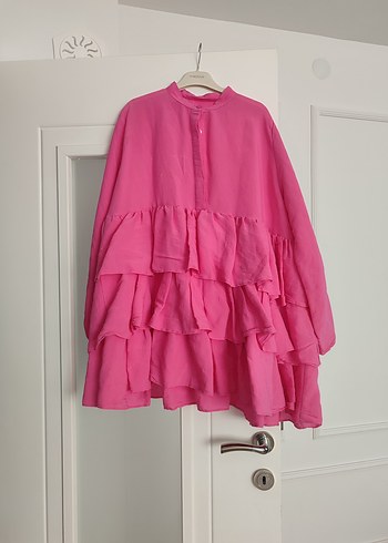 Pembe Volanlı Keten Bluz tunik