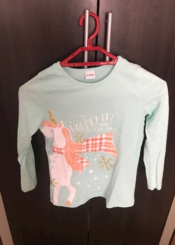 Turkuaz Unicorn Baskılı Kız Uzun Kollu Tişört