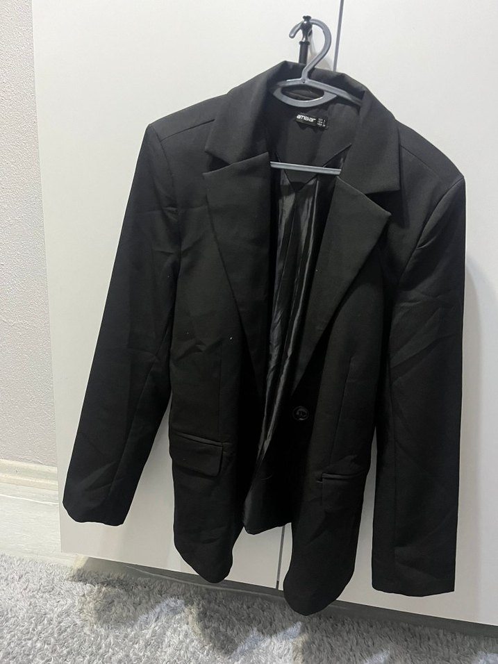 Kadın Siyah Düğmeli Midi Blazer Ceket - Görsel 2