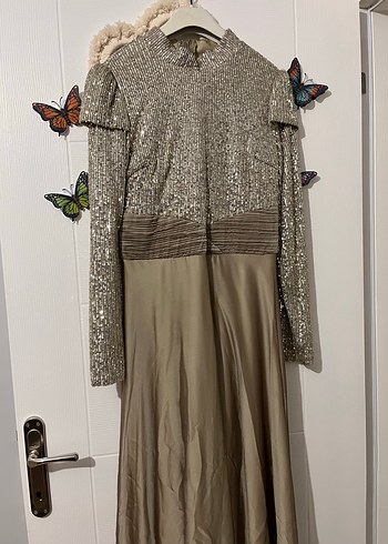 Bej Uzun Kollu Drapeli Kadın Abiye Elbise - Görsel 2