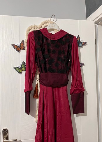 Bordo Dantel İşlemeli Uzun Kollu Gotik Elbise - Görsel 2