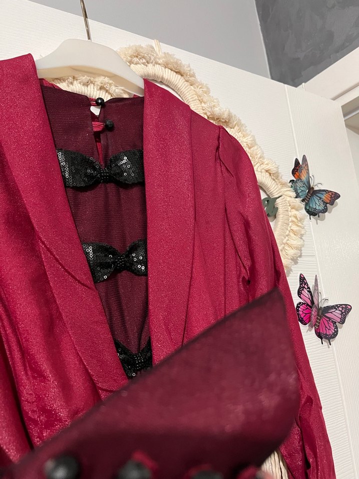 Bordo Dantel İşlemeli Uzun Kollu Gotik Elbise - Görsel 3