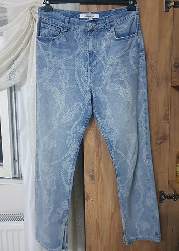 Bağlama Desenli Dantel Detaylı Mavi Denim Pantolon