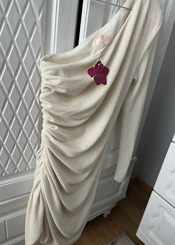 Beyaz Drapeli Midi Kadın Keten Elbise - Görsel 3