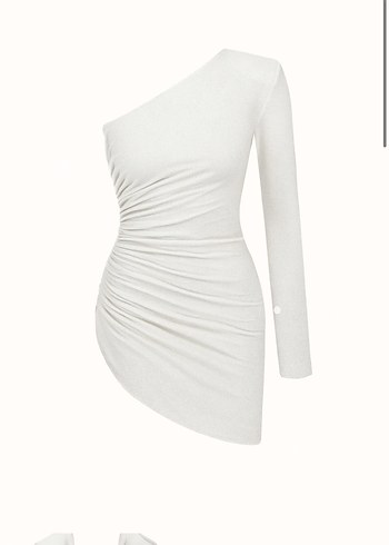 Beyaz Drapeli Midi Kadın Keten Elbise - Görsel 5