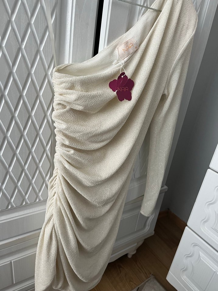 Beyaz Drapeli Midi Kadın Keten Elbise - Görsel 3