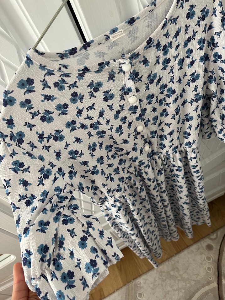 Düğmeli Bohem mavi Midi Elbise - Görsel 3