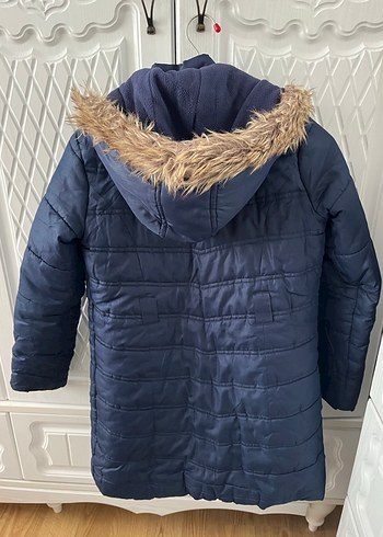 Koyu Mavi Kadın Midi Mont Kürklü Kapüşonlu - Görsel 3