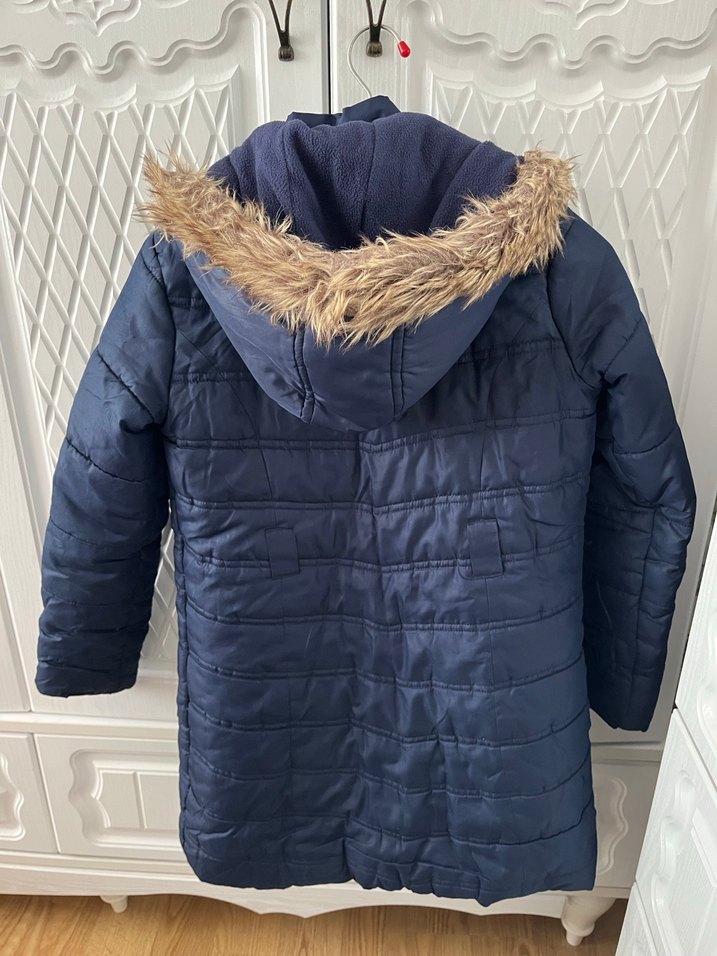 Koyu Mavi Kadın Midi Mont Kürklü Kapüşonlu - Görsel 3