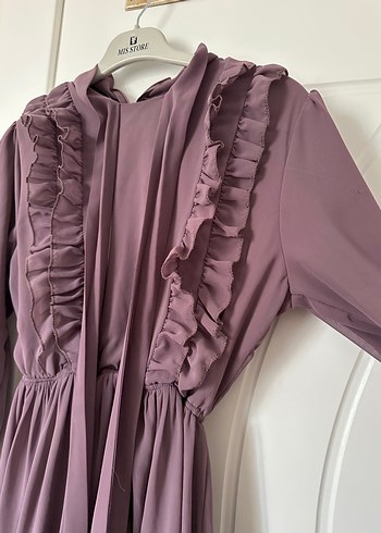 Mor Uzun Kollu Fırfırlı Uzun Elbise - Görsel 3