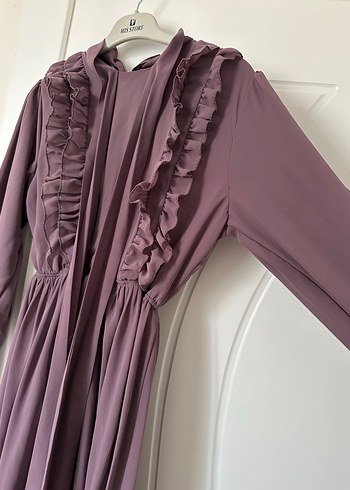 Mor Uzun Kollu Fırfırlı Uzun Elbise - Görsel 2