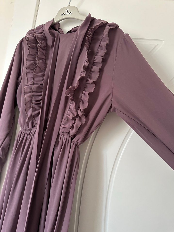 Mor Uzun Kollu Fırfırlı Uzun Elbise - Görsel 2
