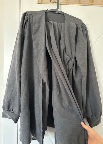Gri Keten Midi Kadın Kaban - Görsel 2