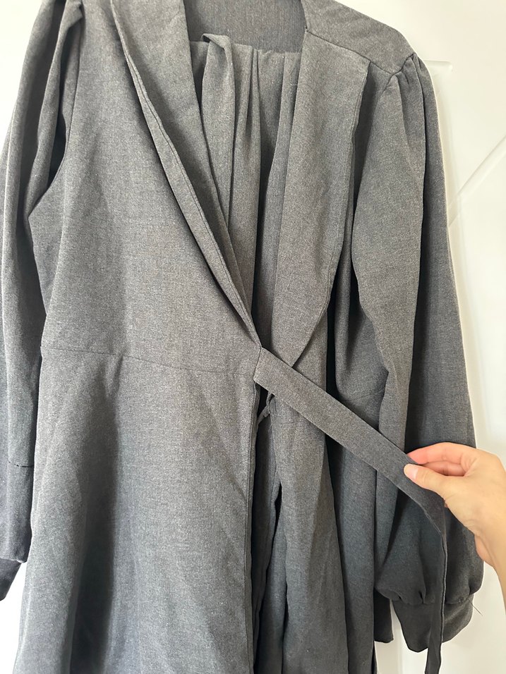 Gri Keten Midi Kadın Kaban - Görsel 3