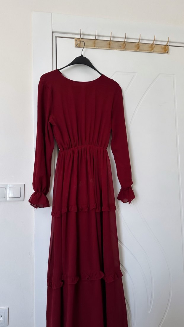 Bordo Uzun Kol Detaylı Kadın Elbise - Görsel 3