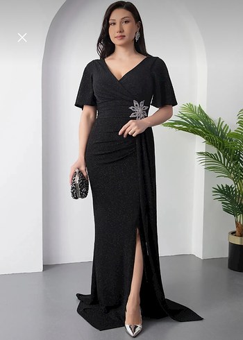 Drapeli Siyah V Yakalı Simli Uzun Abiye Elbise - Görsel 2