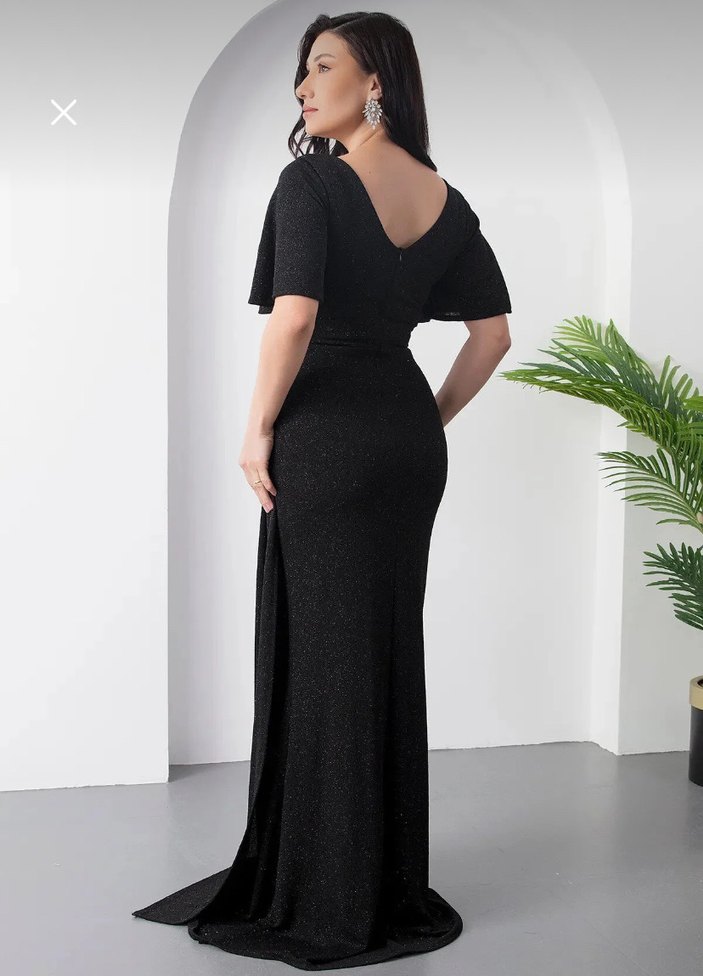 Drapeli Siyah V Yakalı Simli Uzun Abiye Elbise - Görsel 5