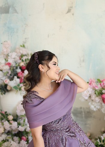40 Beden Nişanlık Pastel Mor Drapeli Madonna yaka Uzun Abiye Elbise