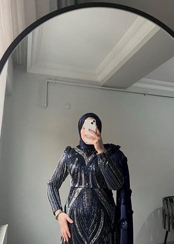 Uzun Lacivert Desenli Drapeli Abiye Elbise - Görsel 2