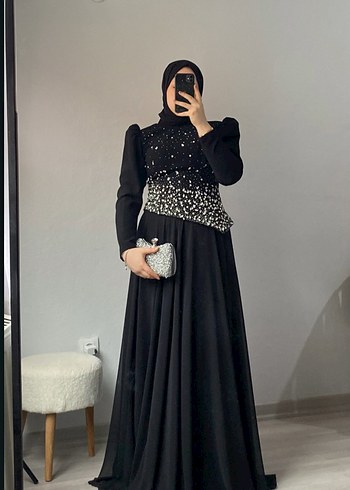 Uzun Siyah Tesettür Abiye Elbise - Görsel 3