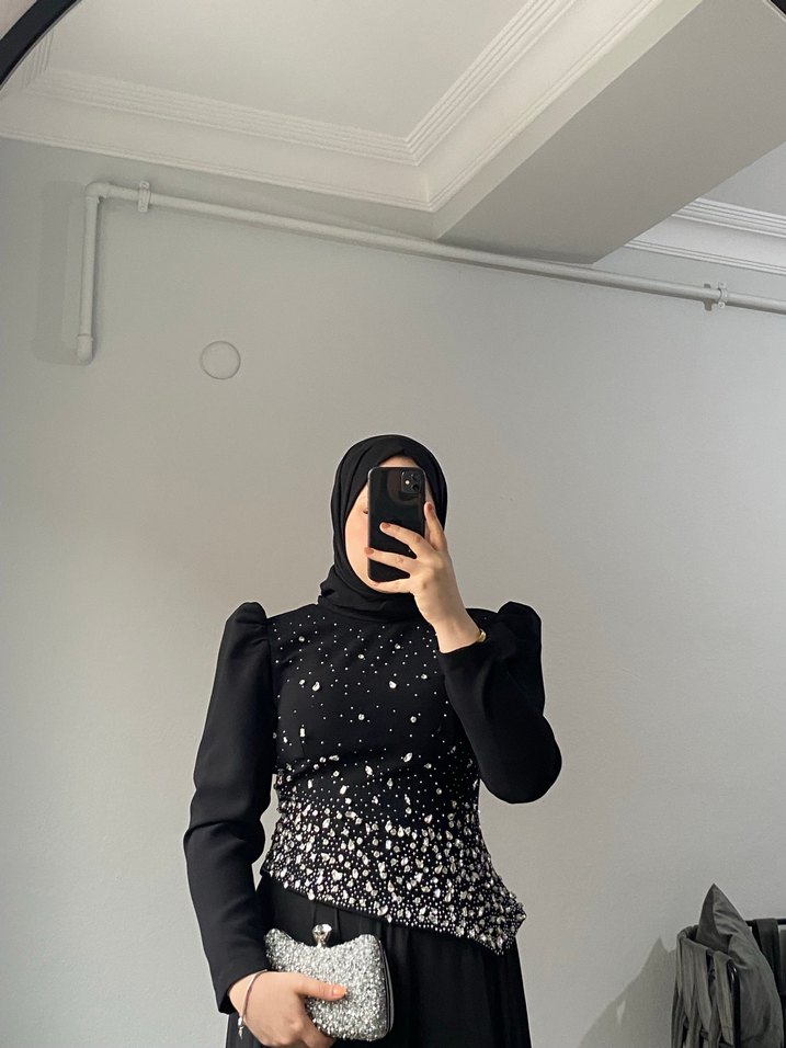 Uzun Siyah Tesettür Abiye Elbise - Görsel 2