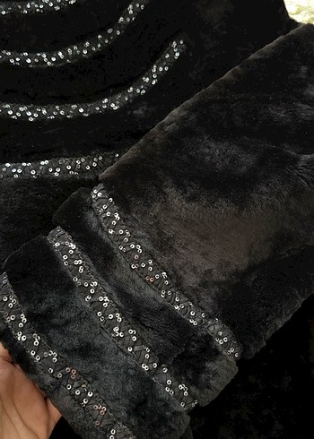 Kürk Detaylı siyah Kadın Süet Kaban - Görsel 2