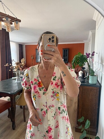 Zara çiçek desenli keten elbise - Görsel 5