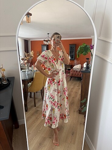 Zara çiçek desenli keten elbise - Görsel 7