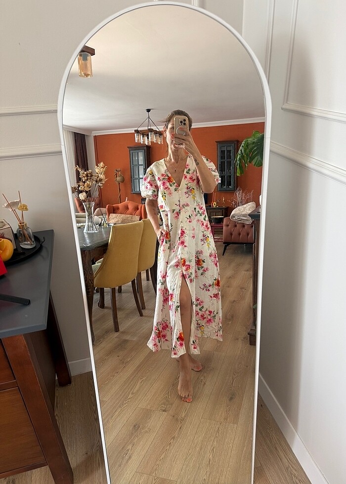 Zara çiçek desenli keten elbise - Görsel 2