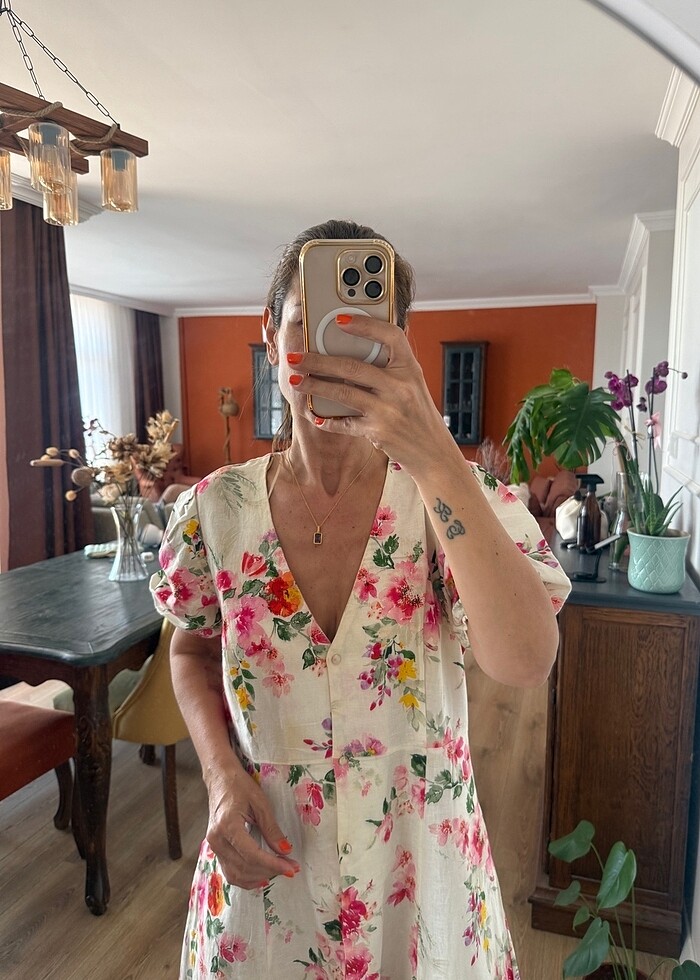 Zara çiçek desenli keten elbise - Görsel 5