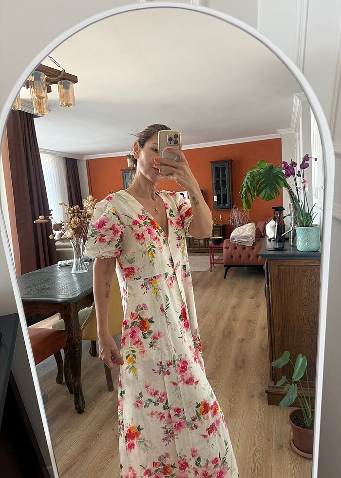 Zara çiçek desenli keten elbise - Görsel 3