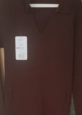 Kahverengi V Yaka Uzun Triko Elbise - Görsel 2