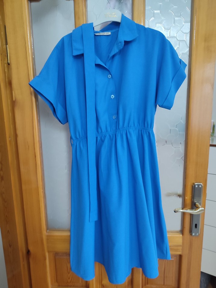 Düğmeli Mavi Midi Kadın Elbise - Görsel 3